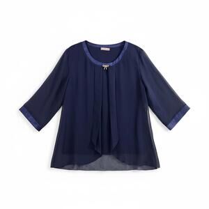 Miss Rose Navy Sheer Chiffon Blouse Rhinestone Bow Detail 3/4 Sleeve